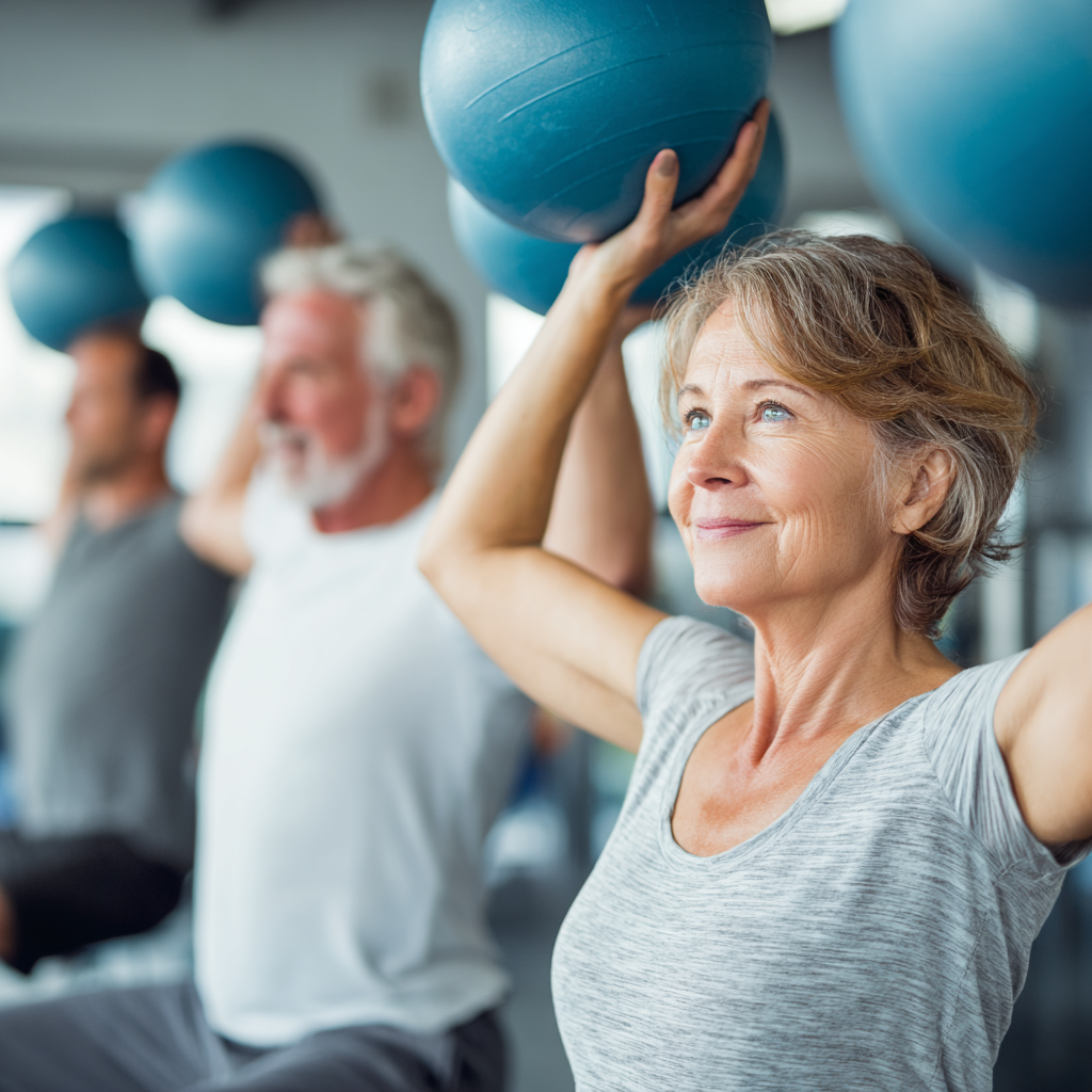 Mature adults participating in group fitness activities with professional trainer guidance